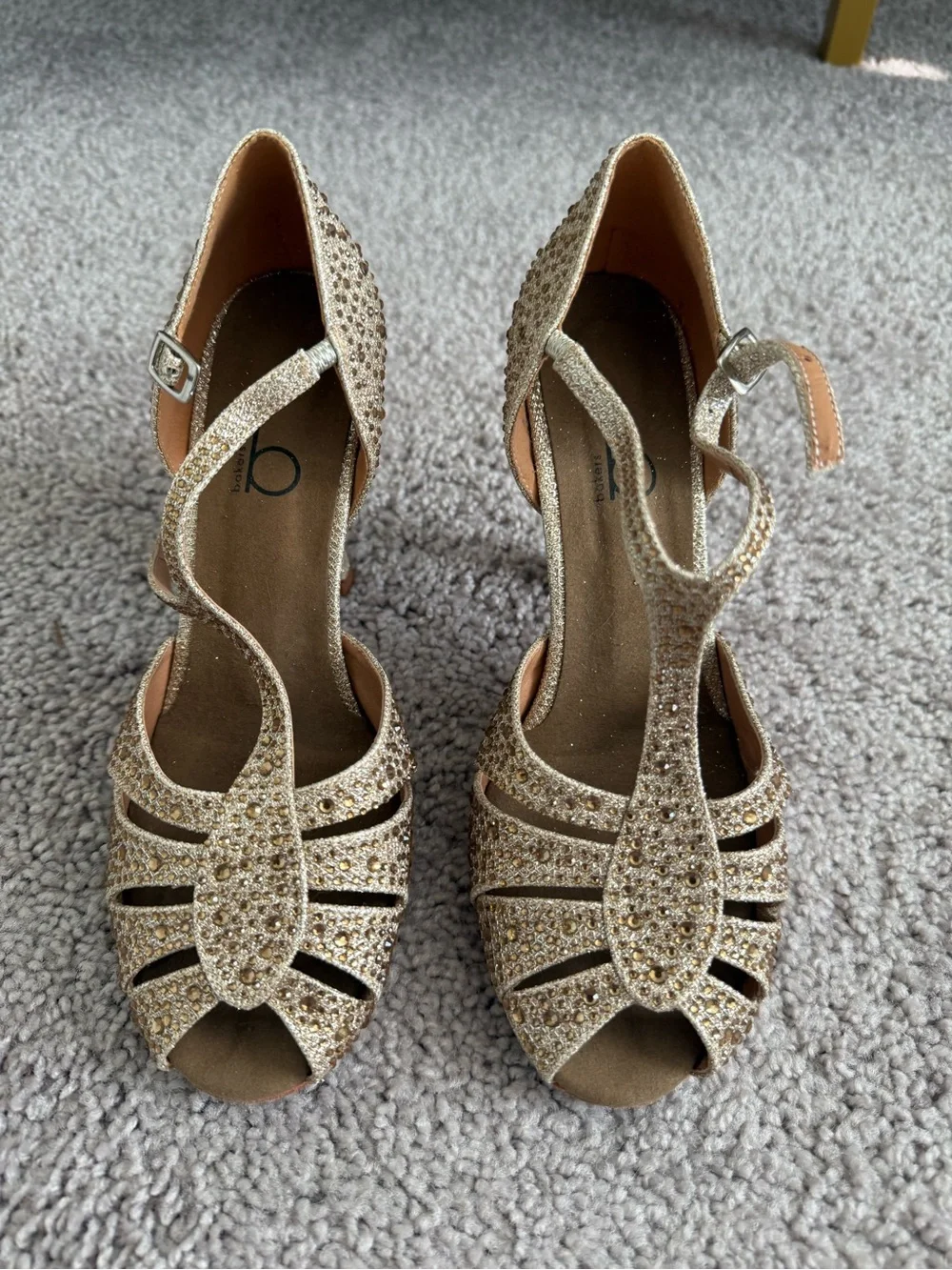 Bakers Gold Rhinestone T-Strap Peep-Toe Heels